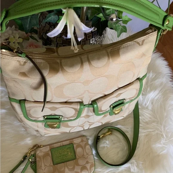 COACH Poppy Signature Jacquard Boho Shoulder/Crossbody Bag and wristlet.